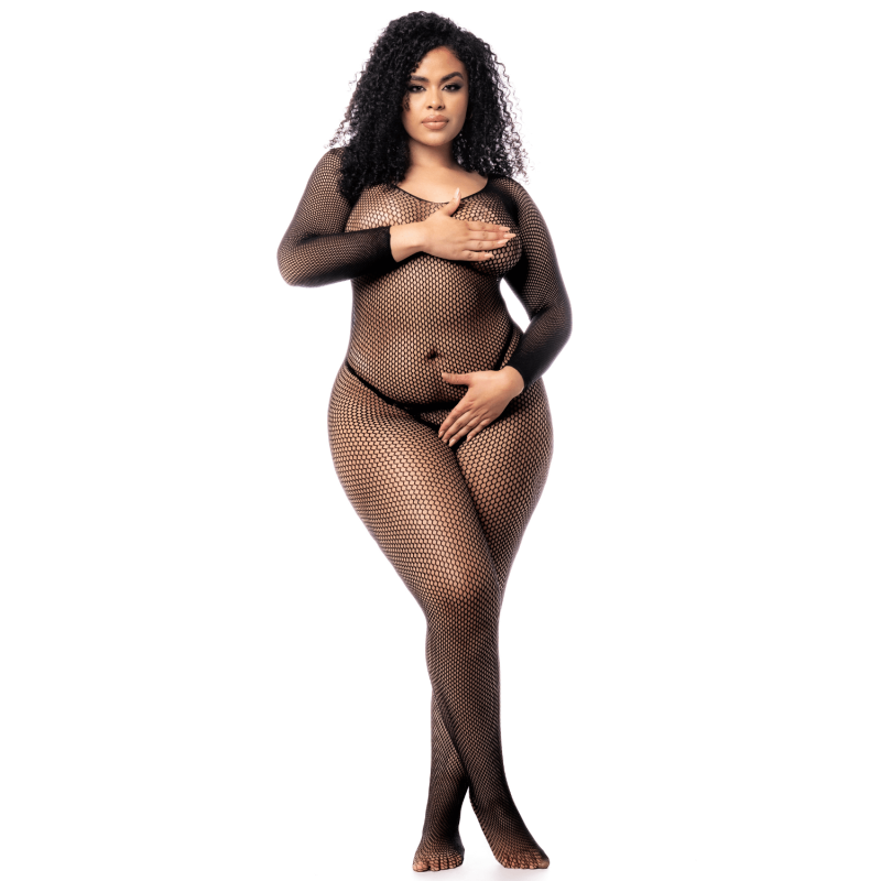 Combinaison grande taille manches longues en résille noire Combinaison grande taille manches longues en résille noire