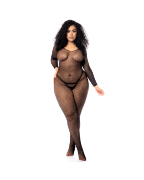 Combinaison grande taille manches longues en résille noire 
