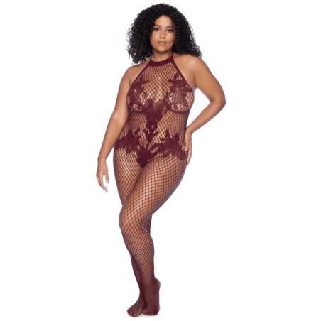 Combinaison grande taille en résille couleur cerise 