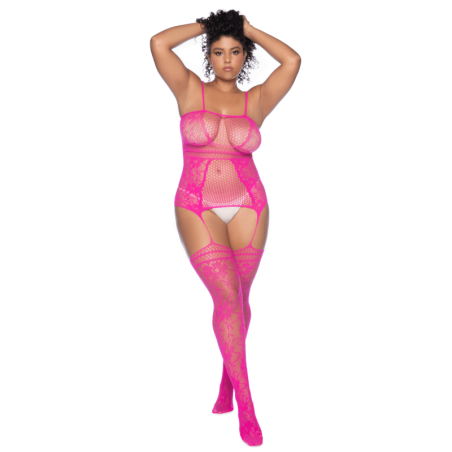 Combinaison grande taille en résille rose 