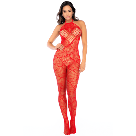 Bodystocking en résille rouge à motif cœur, orné de strass, ouvert à l’entrejambe - Mapalé