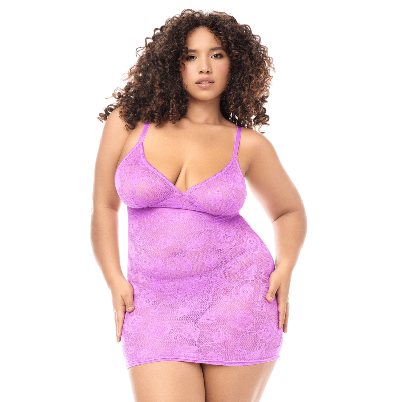 Babydoll grande taille dentelle violette et string 