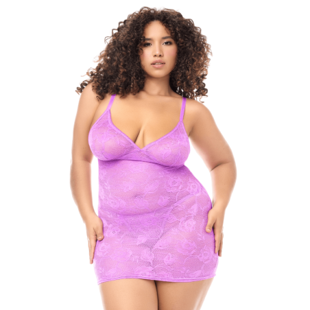 Babydoll grande taille dentelle violette et string 
