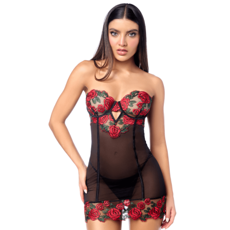 Babydoll sexy à armatures Mapalé broderie roses et string 
