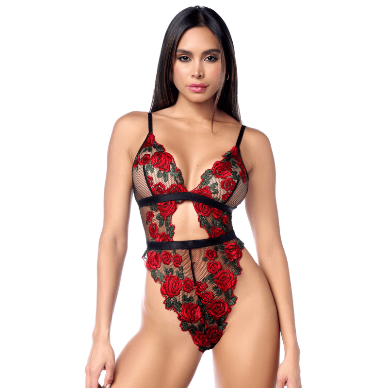 Teddy taille haute en résille noire brodée de roses avec ceinture Teddy taille haute en résille noire brodée de roses avec ceinture