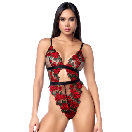 Teddy taille haute en résille noire brodée de roses avec ceinture
