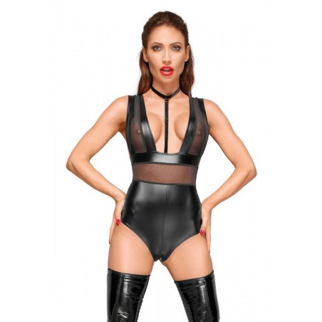 F183 Powerwetlook body avec larges bretelles, empiècements en tulle et tour de cou en velours