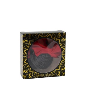 Paire de cache tétons adhésifs noir avec nœud papillon rouge 