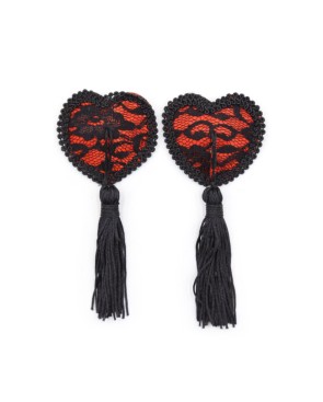 Paire de cache tétons adhésifs en forme de cœur avec dentelle noire et pompom
