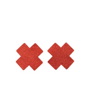 Paire de cache tétons adhésifs croix pailletée rouge