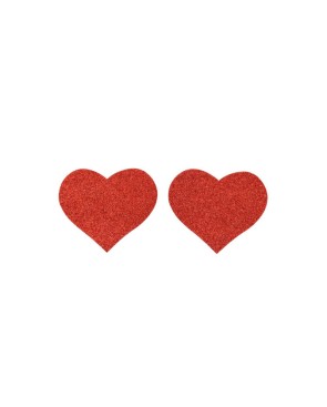 Paire de cache tétons adhésifs coeur pailleté rouge 