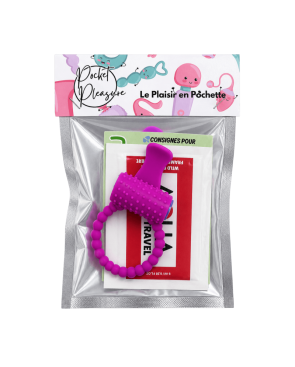 Anneau violet vibrant silicone avec langue picot Pocket Pleasure  1 dosette de lubrifiant