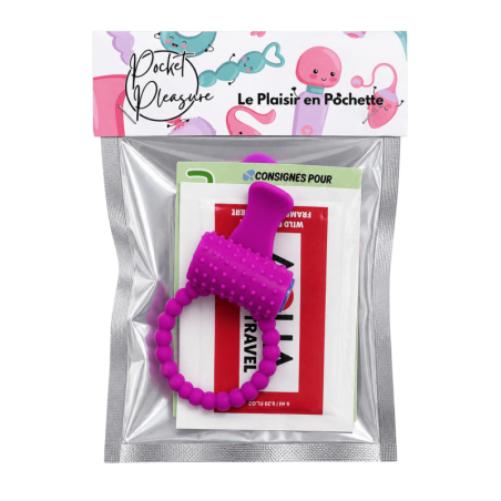 Anneau violet vibrant silicone avec langue picot Pocket Pleasure  1 dosette de lubrifiant