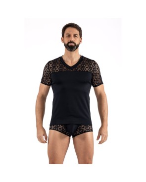 T-shirt noir résille brodée Shinny