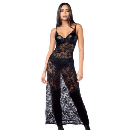 Robe longue sexy en dentelle  cuir avec string et porte-jarretelles 
