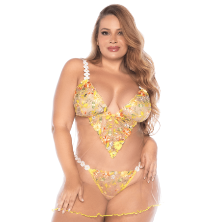 Nuisette grande taille transparente brodée jaune et string 