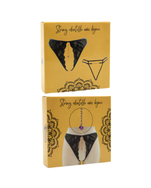 String gris avec bijou couleur aléatoire et chaîne dorée