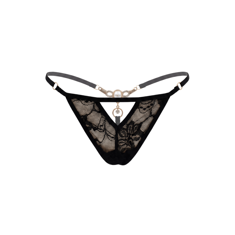 String noir avec bijou perle strass dorés String noir avec bijou perle strass dorés