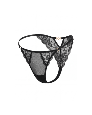 Tanga noir en dentelle avec bijou losanges dorés