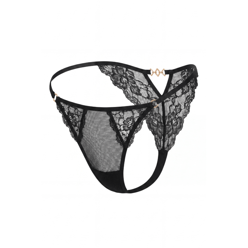 Tanga noir en dentelle avec bijou losanges dorés