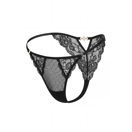Tanga noir en dentelle avec bijou losanges dorés