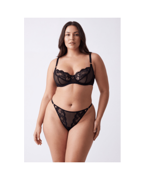 Tanga noir en dentelle avec bijou losanges dorés