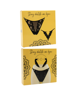 Tanga noir en dentelle avec bijou losanges dorés
