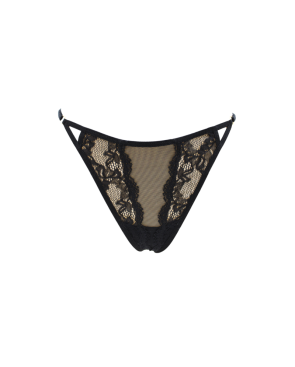 Tanga noir en dentelle avec bijou losanges dorés