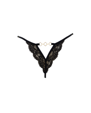 Tanga noir en dentelle avec bijou losanges dorés
