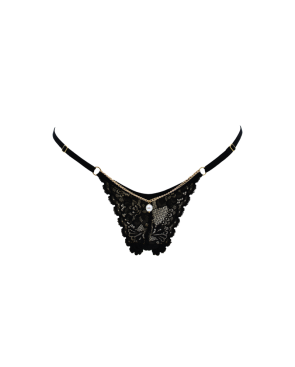 String noir en dentelle avec bijou et chaîne dorée