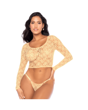 Ensemble 2 pièces en dentelle jaune pastel, crop top et string 